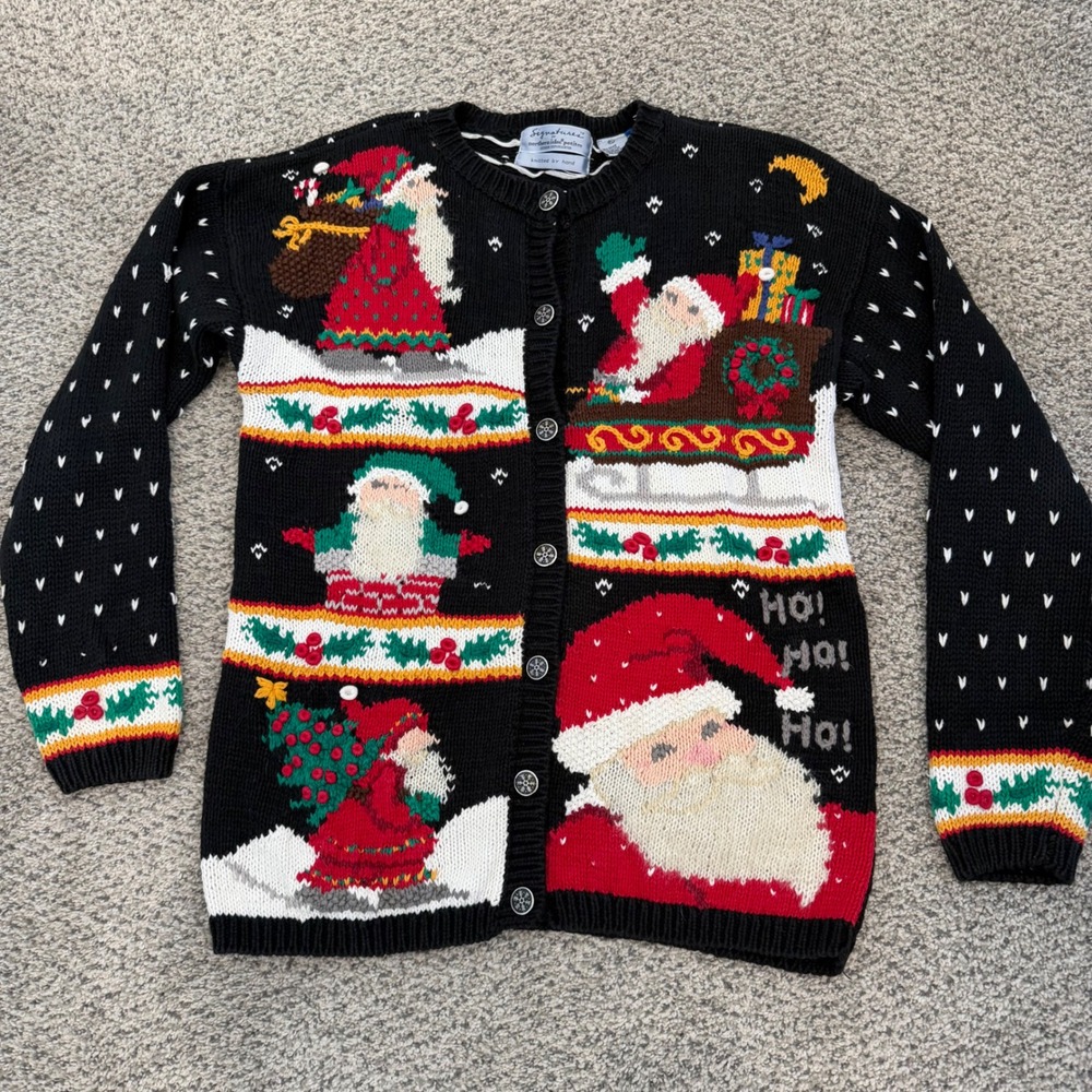 Signatures Northern Isles Santa Christmas Cardigan Sweater Hand Knit Black PL